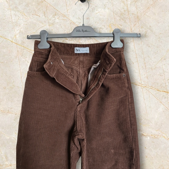 ZARA Women's Brown High Waist Straight Leg Corduroy Pants - Picture 10 of 16